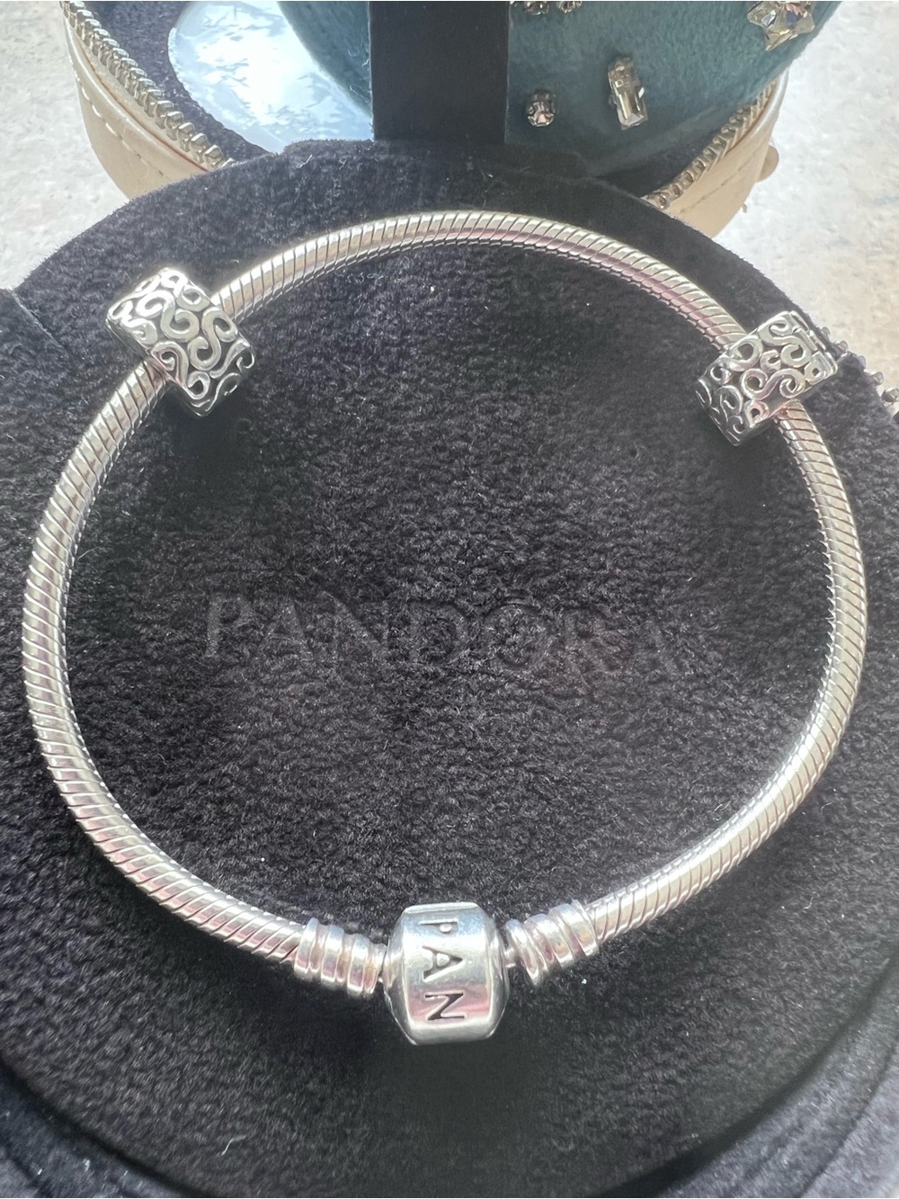 Pandora Silver Snake Chain Bracelet with Filigree Clip Charm separators